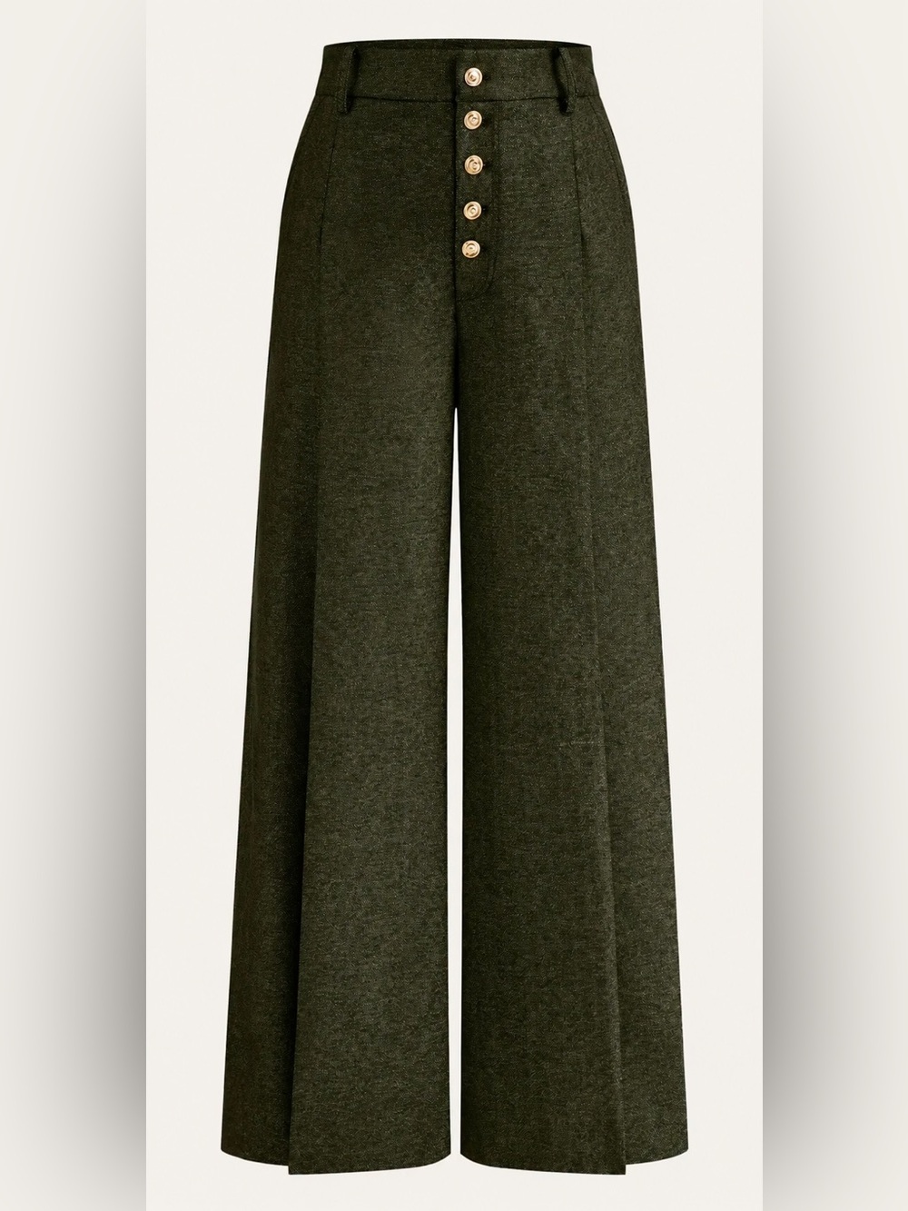 Commense High-Waisted Button-Front Wide-Leg Pants Dark Olive Green Size S Preppy - Picture 1 of 10
